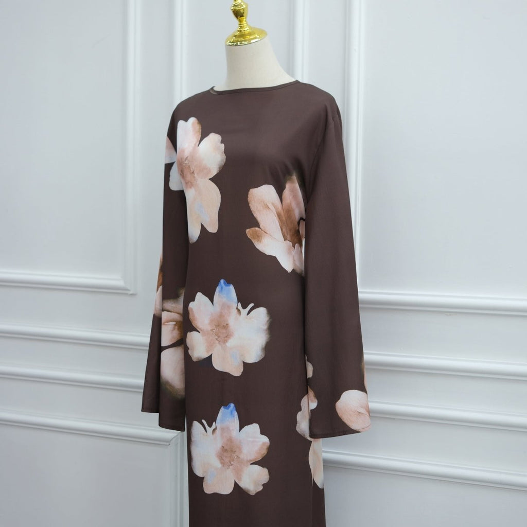 Watercolour Floral Washed-Crinkle Wide-Sleeve Maxi Dress(MS473)
