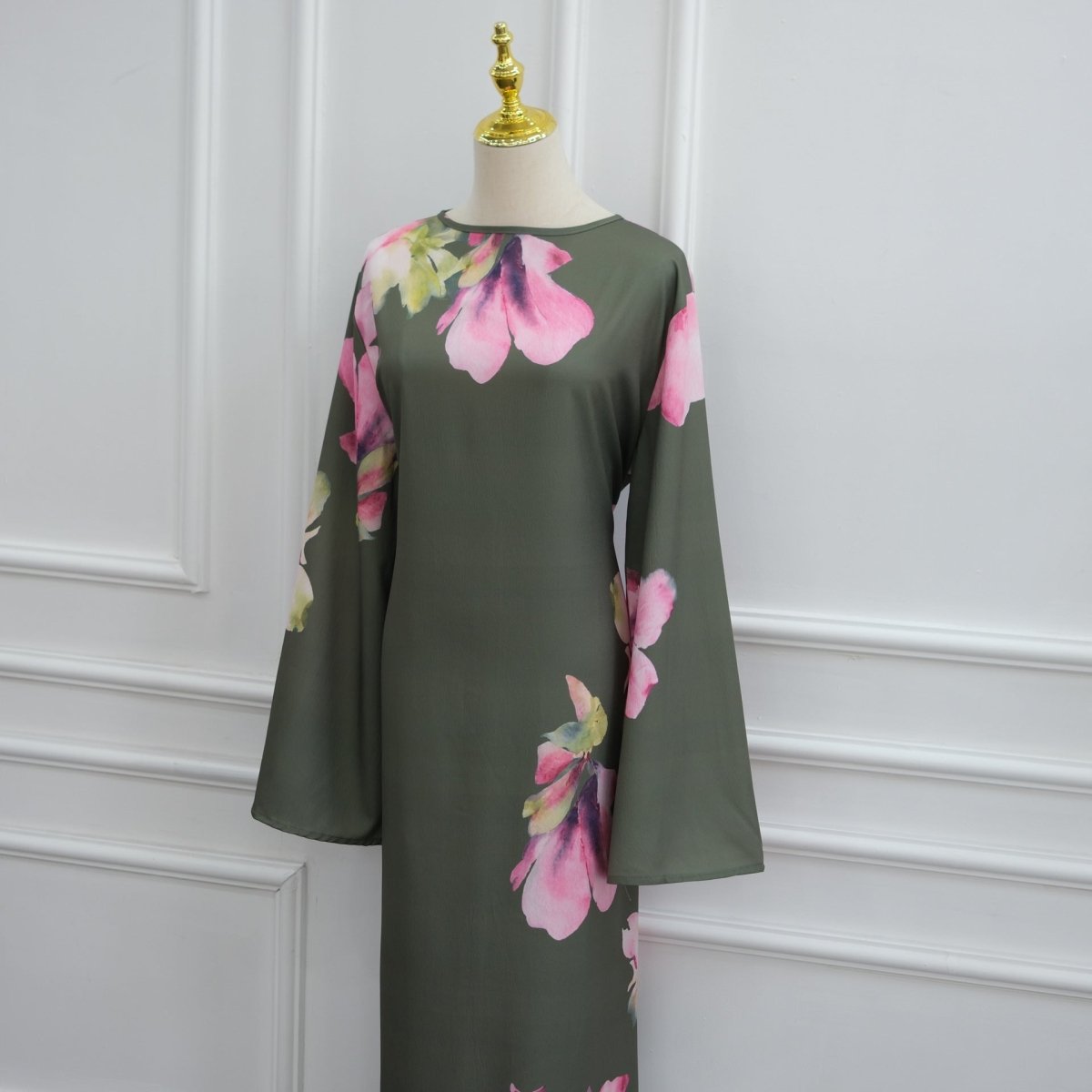 Watercolour Floral Washed-Crinkle Wide-Sleeve Maxi Dress(MS473)