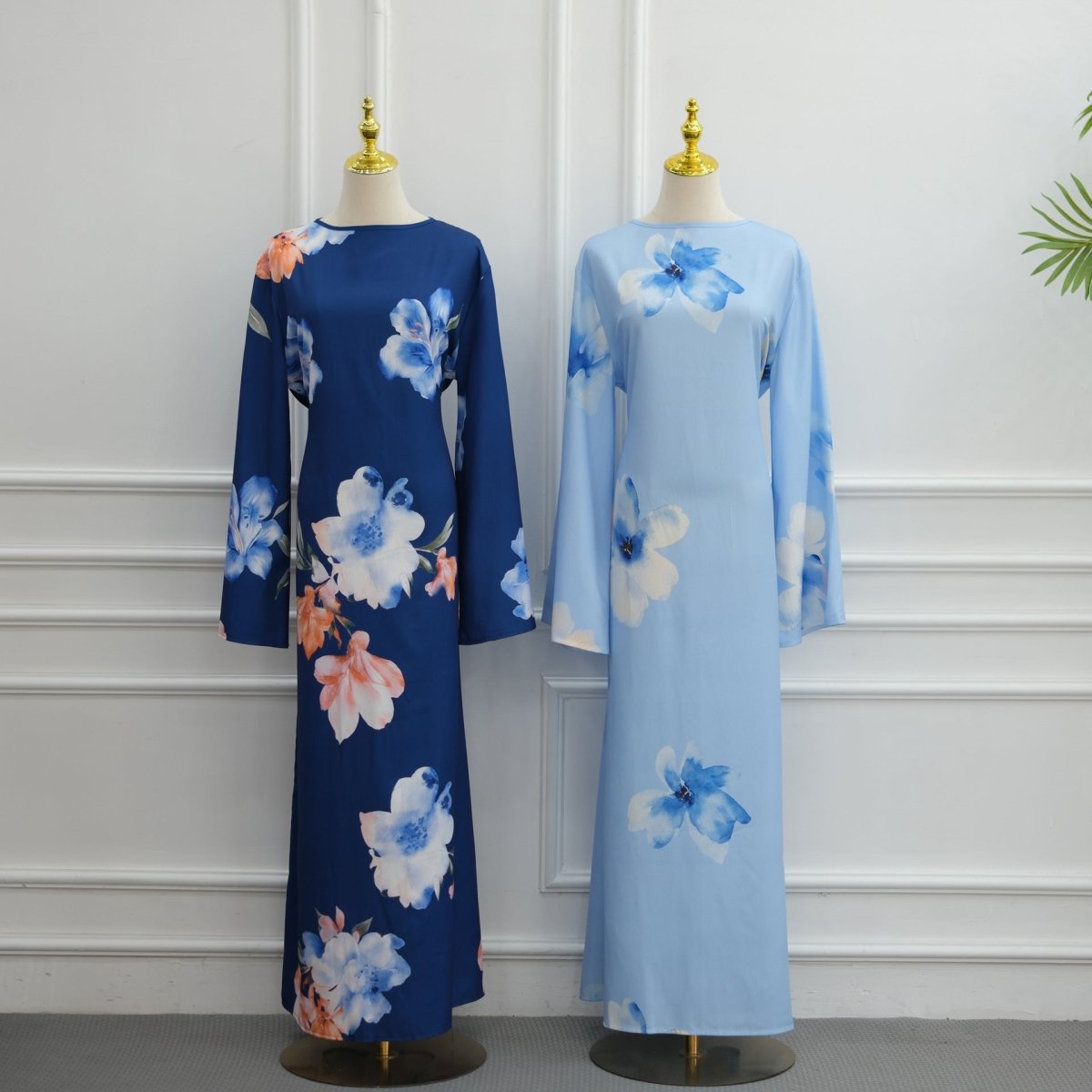 Watercolour Floral Washed-Crinkle Wide-Sleeve Maxi Dress(MS473)