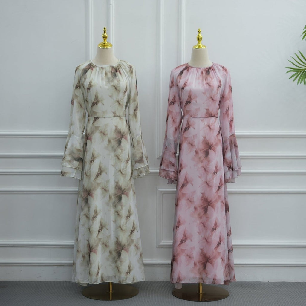 Watercolour Print Double-Layer Flared-Sleeve Maxi Dress(MS479)