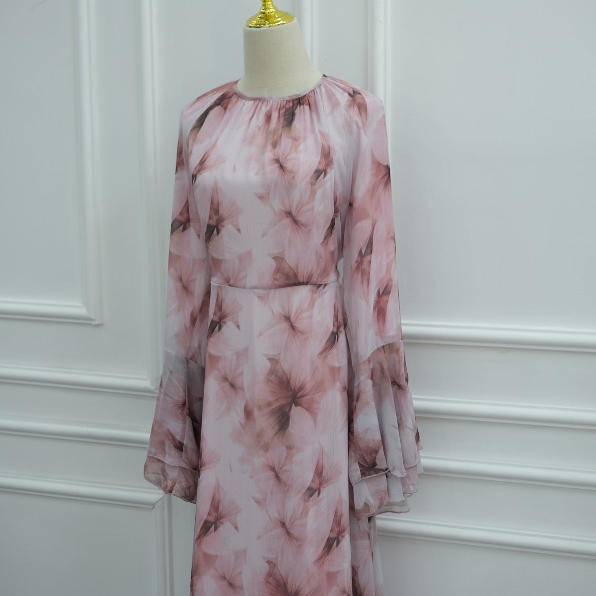 Watercolour Print Double-Layer Flared-Sleeve Maxi Dress(MS479)
