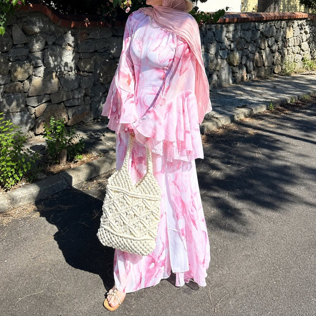 Watercolour Print Double-Layer Flared-Sleeve Maxi Dress(MS479)