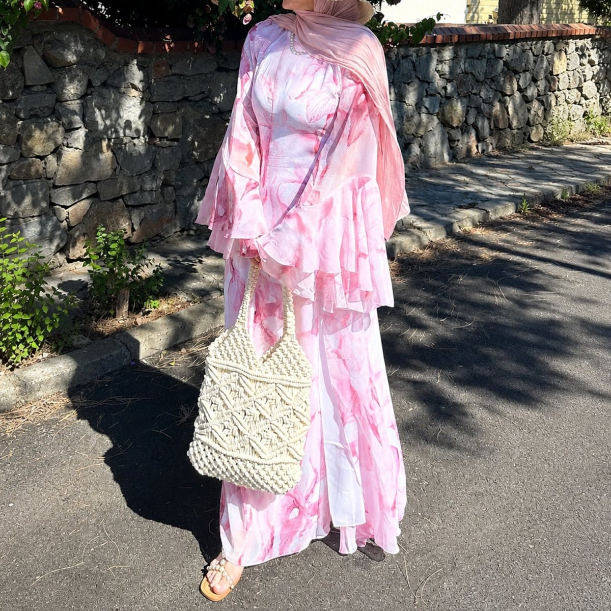 Watercolour Print Double-Layer Flared-Sleeve Maxi Dress(MS479)