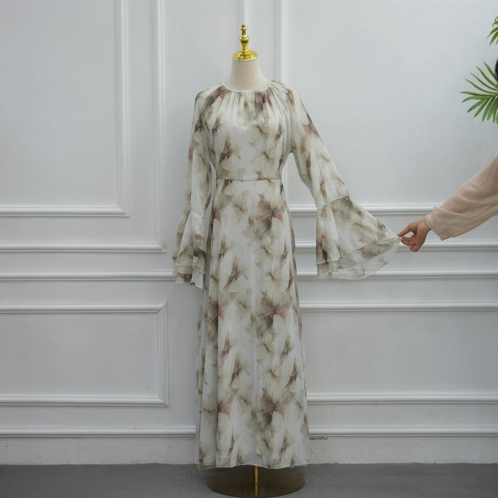 Watercolour Print Double-Layer Flared-Sleeve Maxi Dress(MS479)