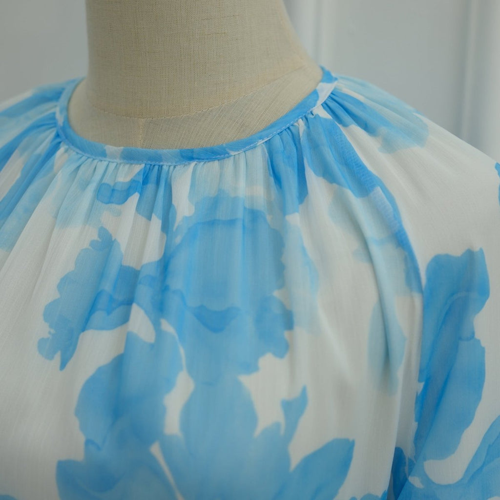 Watercolour Print Double-Layer Flared-Sleeve Maxi Dress(MS479)