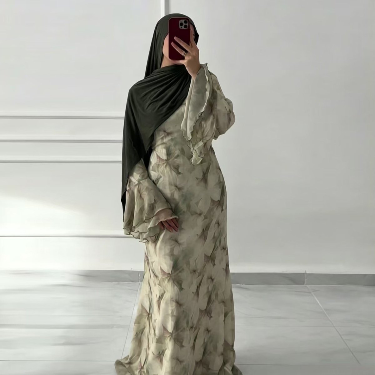 Watercolour Print Double-Layer Flared-Sleeve Maxi Dress(MS479)
