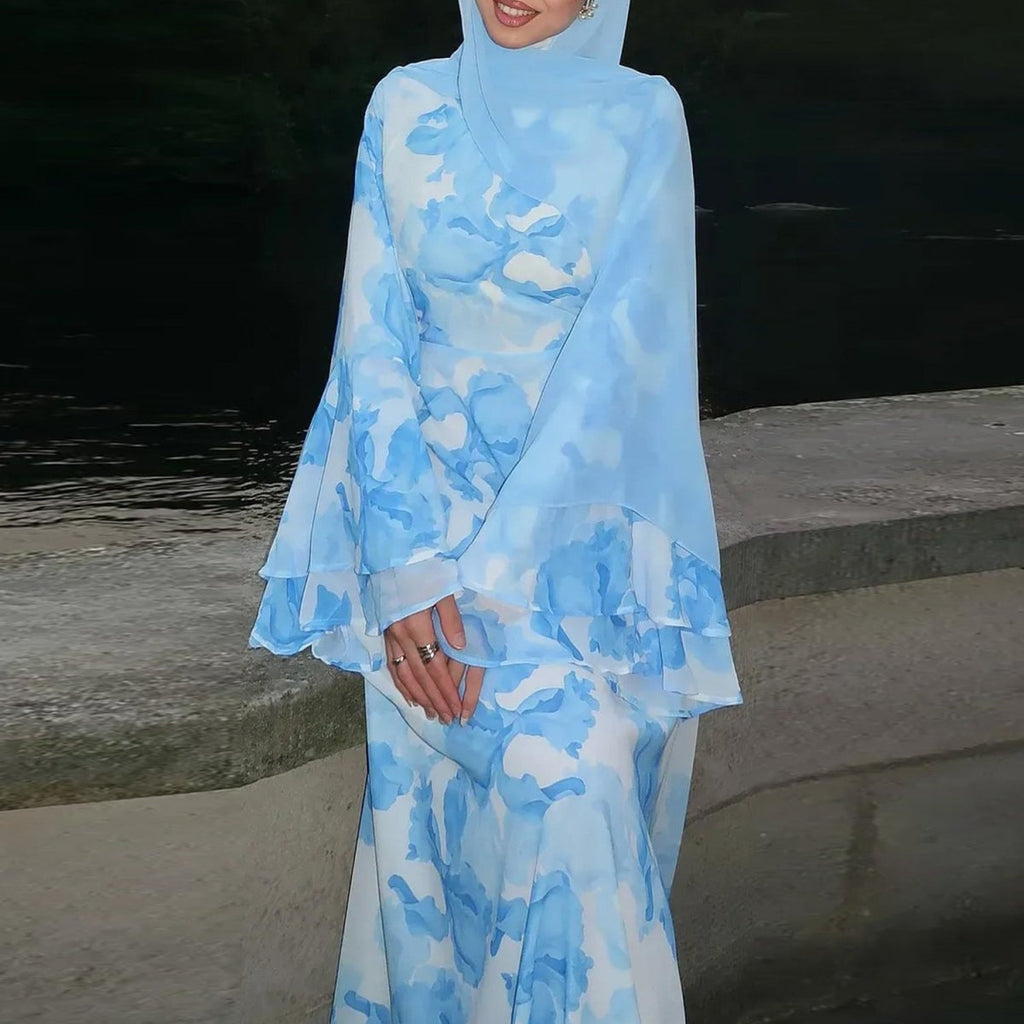 Watercolour Print Double-Layer Flared-Sleeve Maxi Dress(MS479)