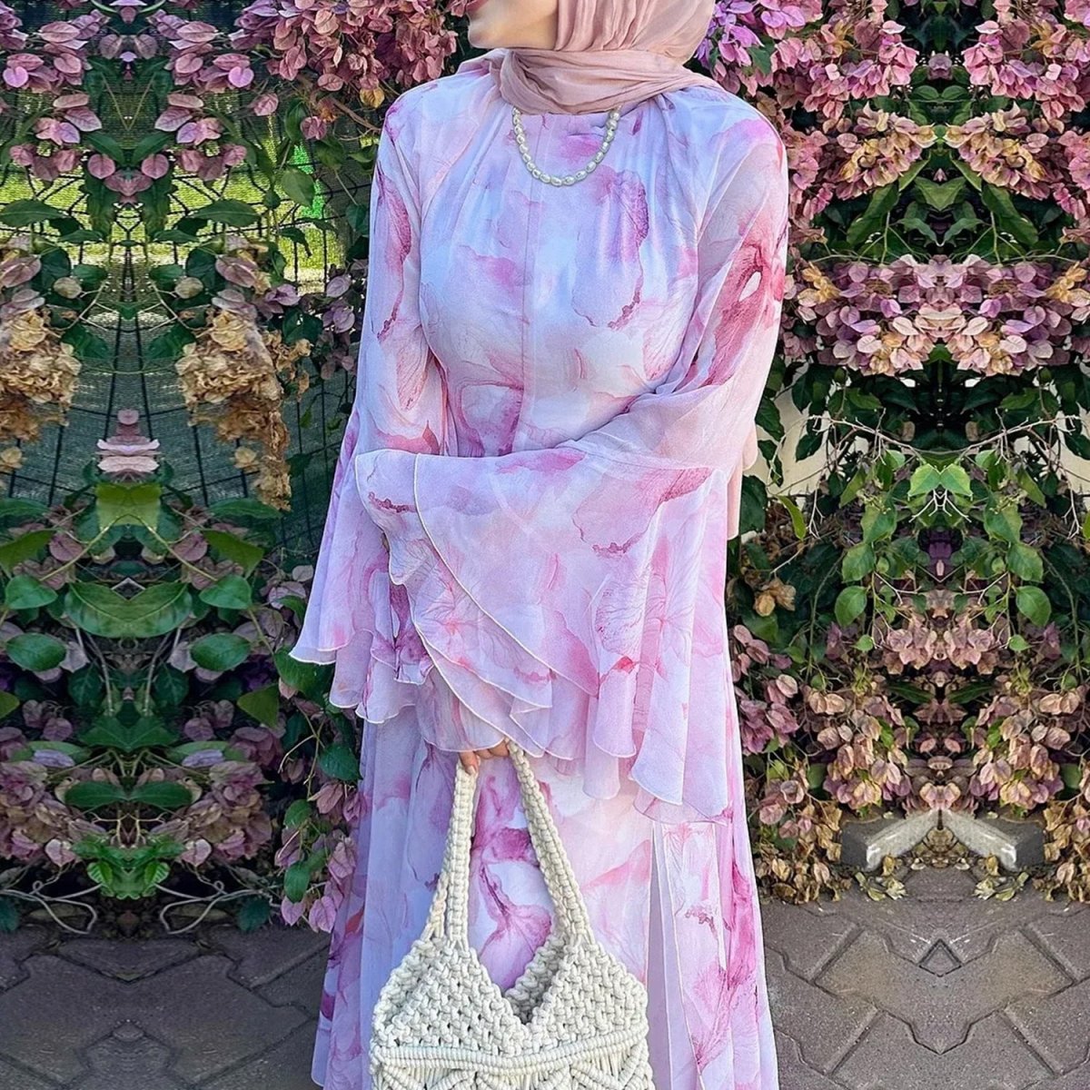 Watercolour Print Double-Layer Flared-Sleeve Maxi Dress(MS479)