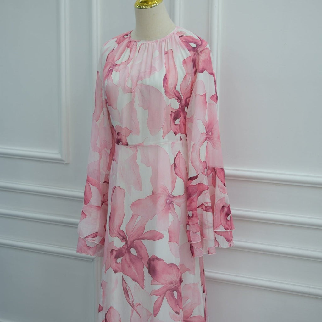 Watercolour Print Double-Layer Flared-Sleeve Maxi Dress(MS479)