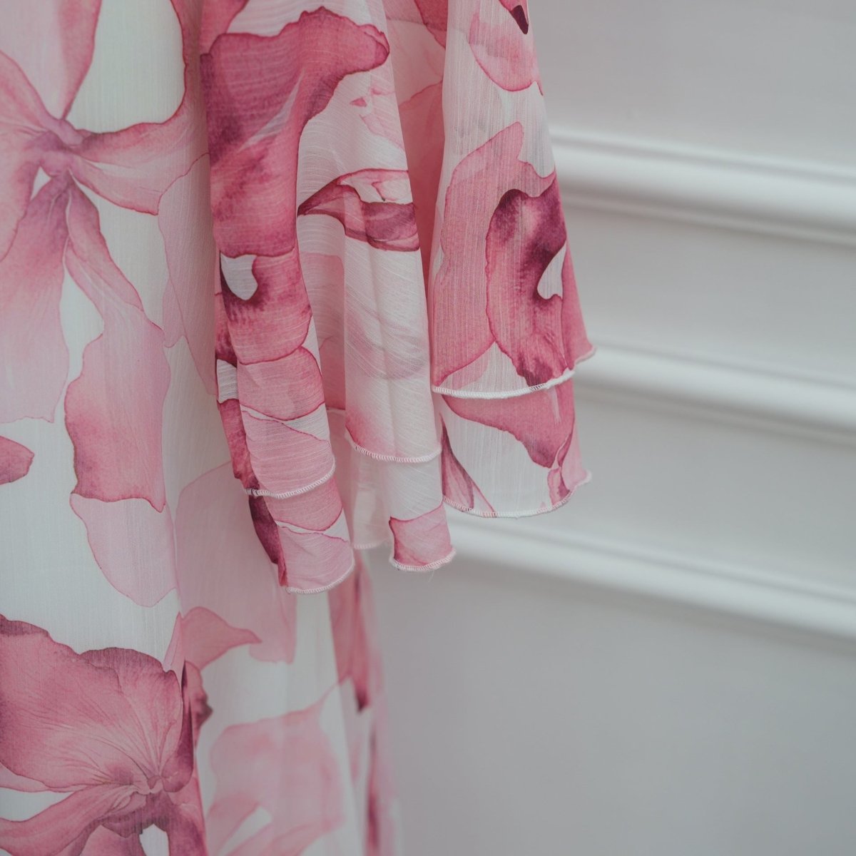Watercolour Print Double-Layer Flared-Sleeve Maxi Dress(MS479)