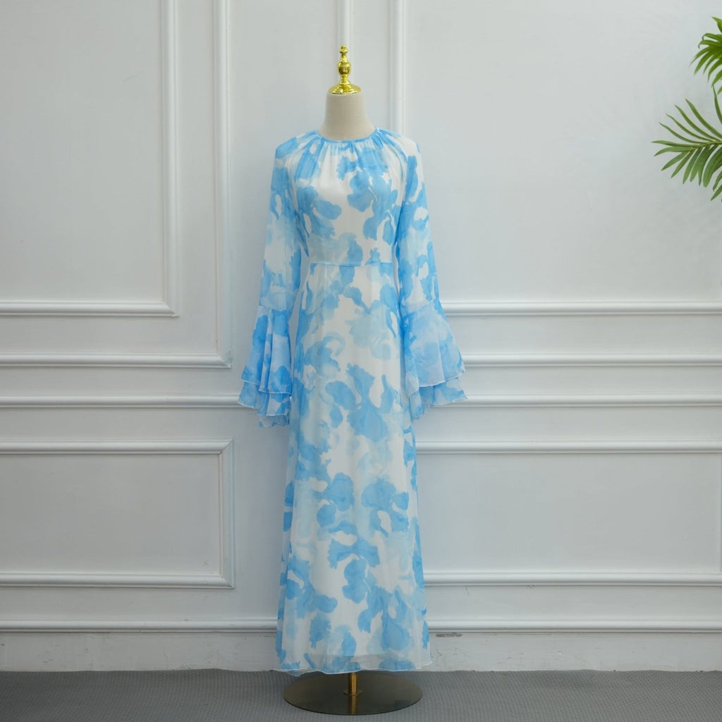 Watercolour Print Double-Layer Flared-Sleeve Maxi Dress(MS479)