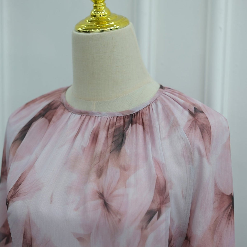 Watercolour Print Double-Layer Flared-Sleeve Maxi Dress(MS479)