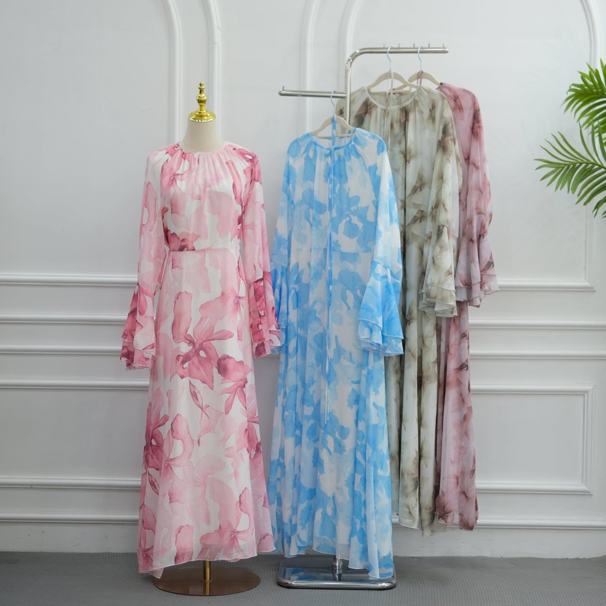 Watercolour Print Double-Layer Flared-Sleeve Maxi Dress(MS479)