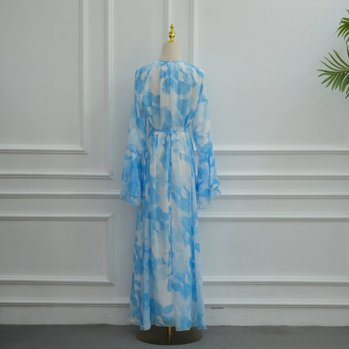 Watercolour Print Double-Layer Flared-Sleeve Maxi Dress(MS479)