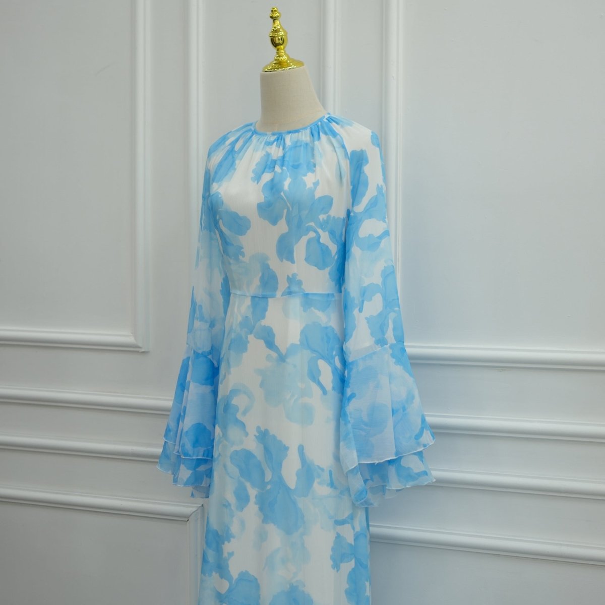 Watercolour Print Double-Layer Flared-Sleeve Maxi Dress(MS479)