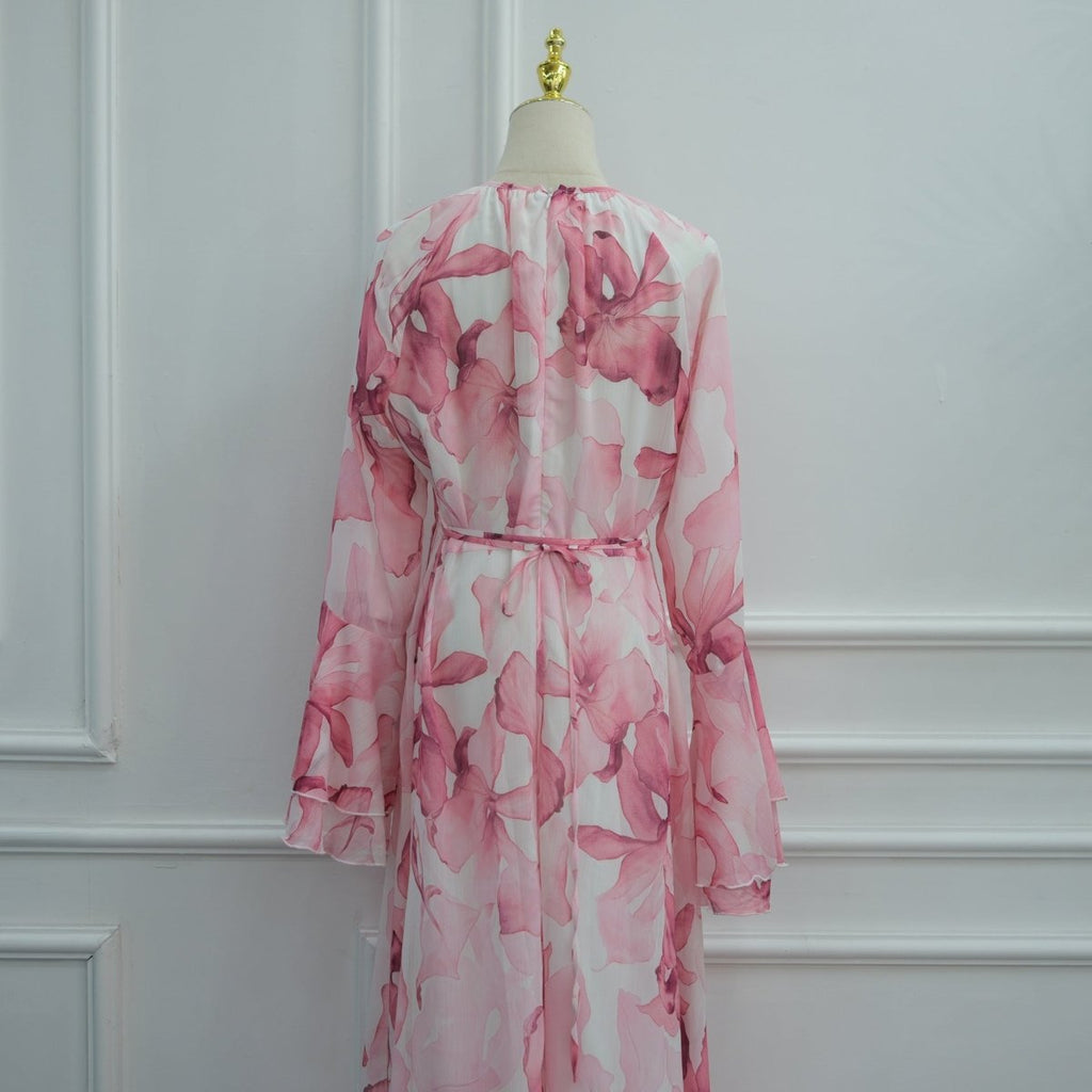 Watercolour Print Double-Layer Flared-Sleeve Maxi Dress(MS479)