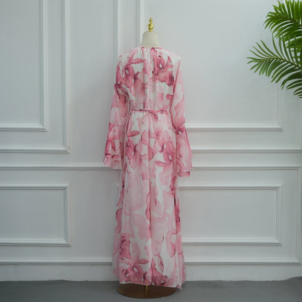 Watercolour Print Double-Layer Flared-Sleeve Maxi Dress(MS479)