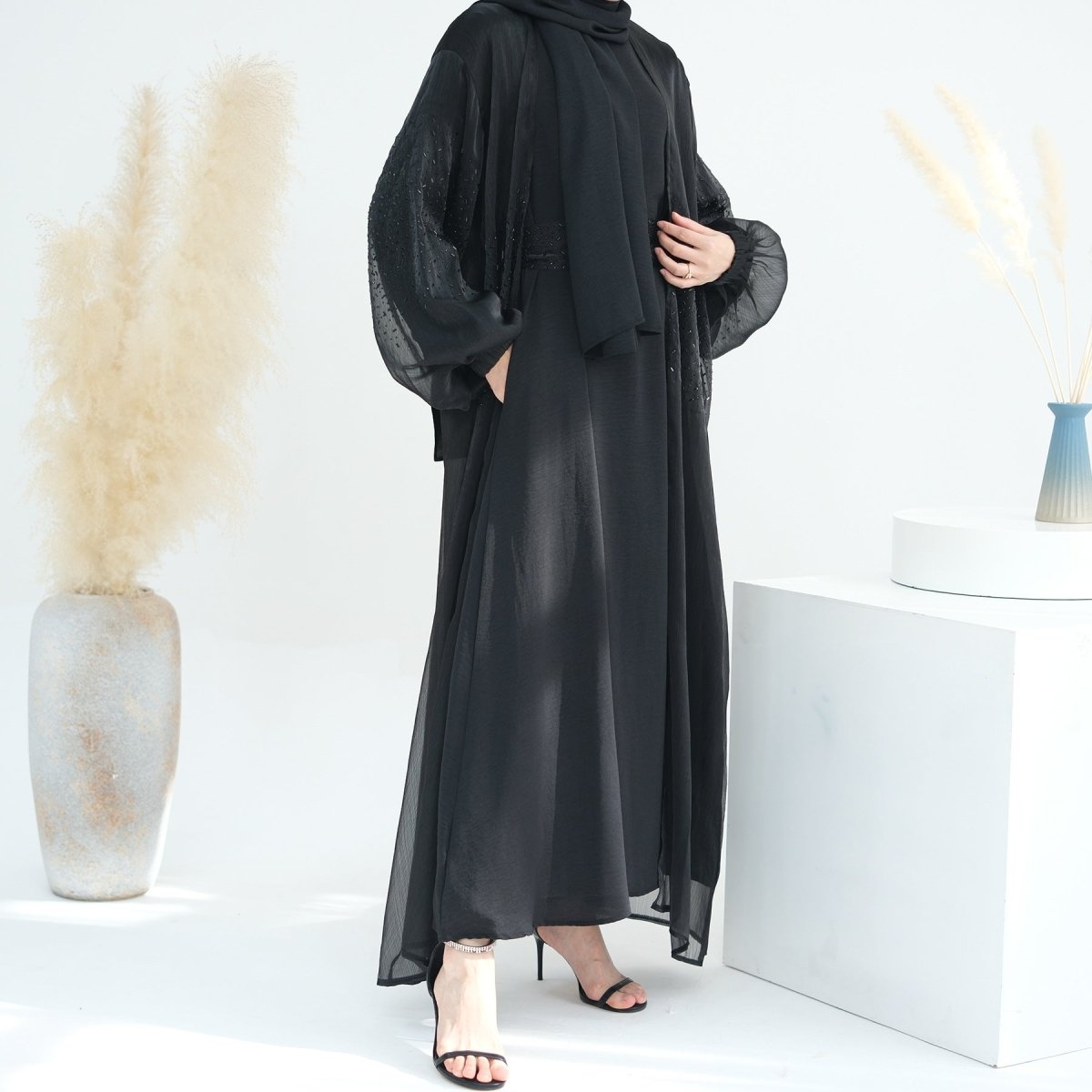 Wave Bubble Sleeve Abaya 4-Piece Set (MOA057)