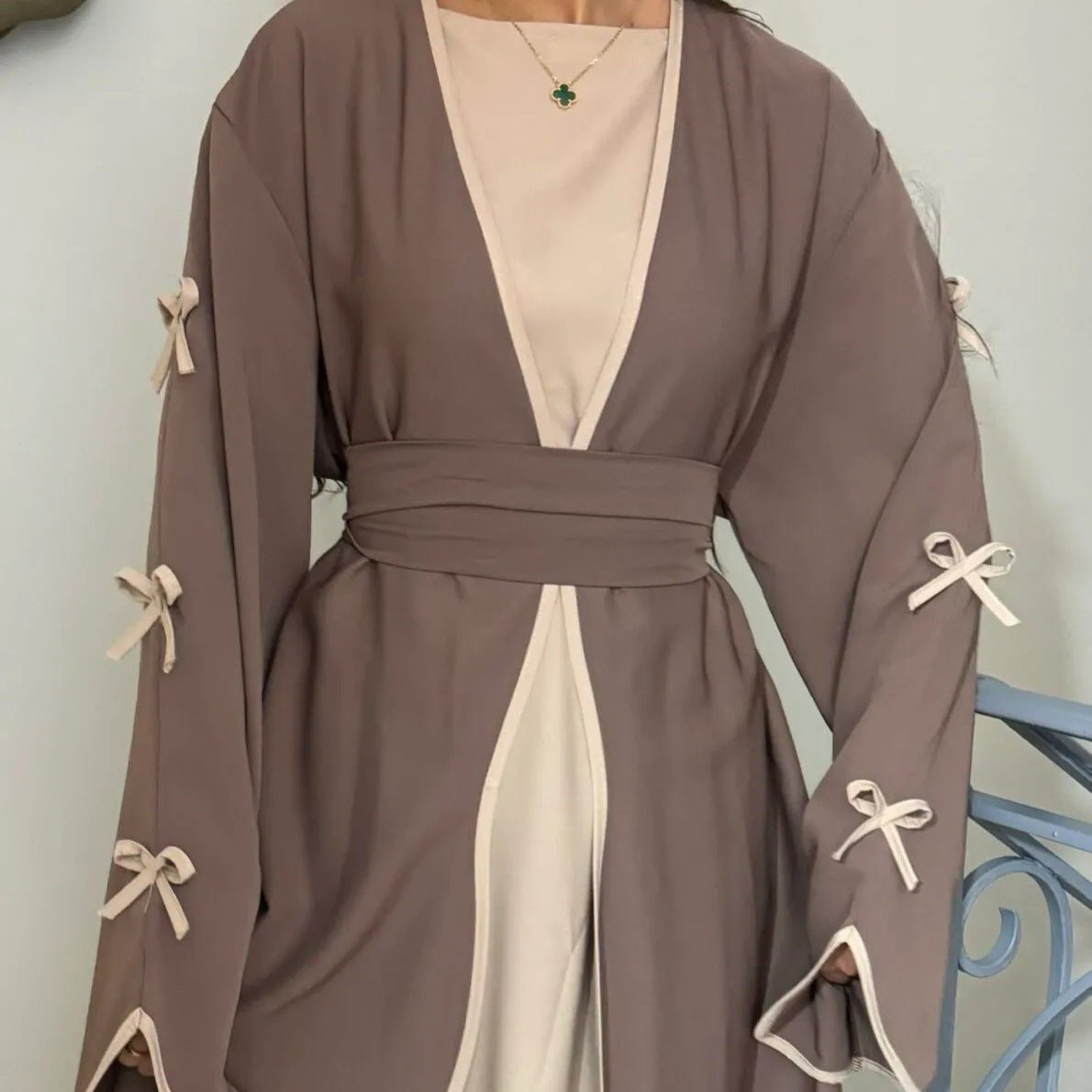 Wavy Edge Bow Embellished Open Abaya (MOA133)