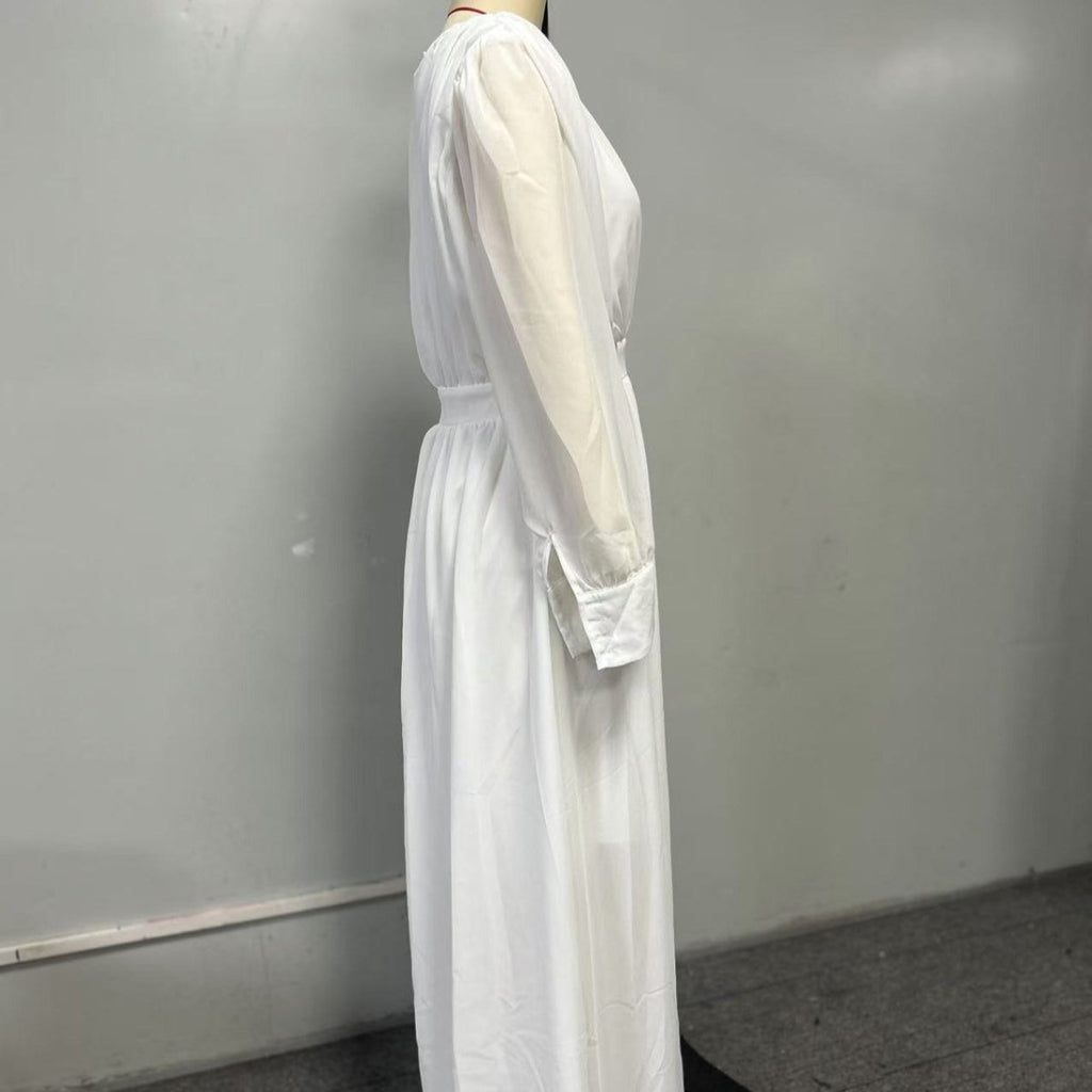 White Chiffon Princess Dress Abaya with Lantern Sleeves | Elegant Spring Fairy Swing French Court-Style Abaya (MA180)