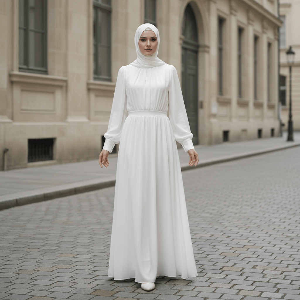 White Chiffon Princess Dress Abaya with Lantern Sleeves | Elegant Spring Fairy Swing French Court-Style Abaya (MA180)