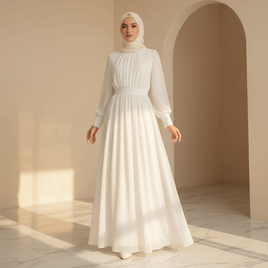 White Chiffon Princess Dress Abaya with Lantern Sleeves | Elegant Spring Fairy Swing French Court-Style Abaya (MA180)