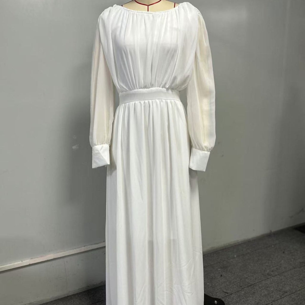 White Chiffon Princess Dress Abaya with Lantern Sleeves | Elegant Spring Fairy Swing French Court-Style Abaya (MA180)