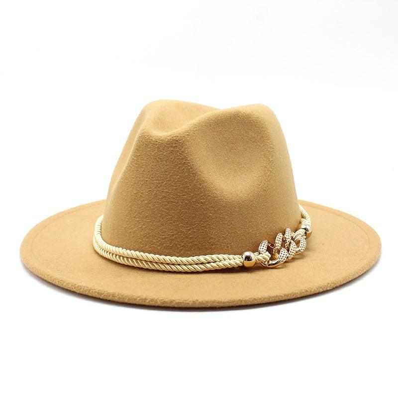 White Elegant Wide Brim Simple Hat Summer Women Lady Retro Wide Brim Hat Charming Fedora Hat Solid Color Fedoras Hat With Chain Men Women Cotton Comfortable Jazz Cap 56-58cm