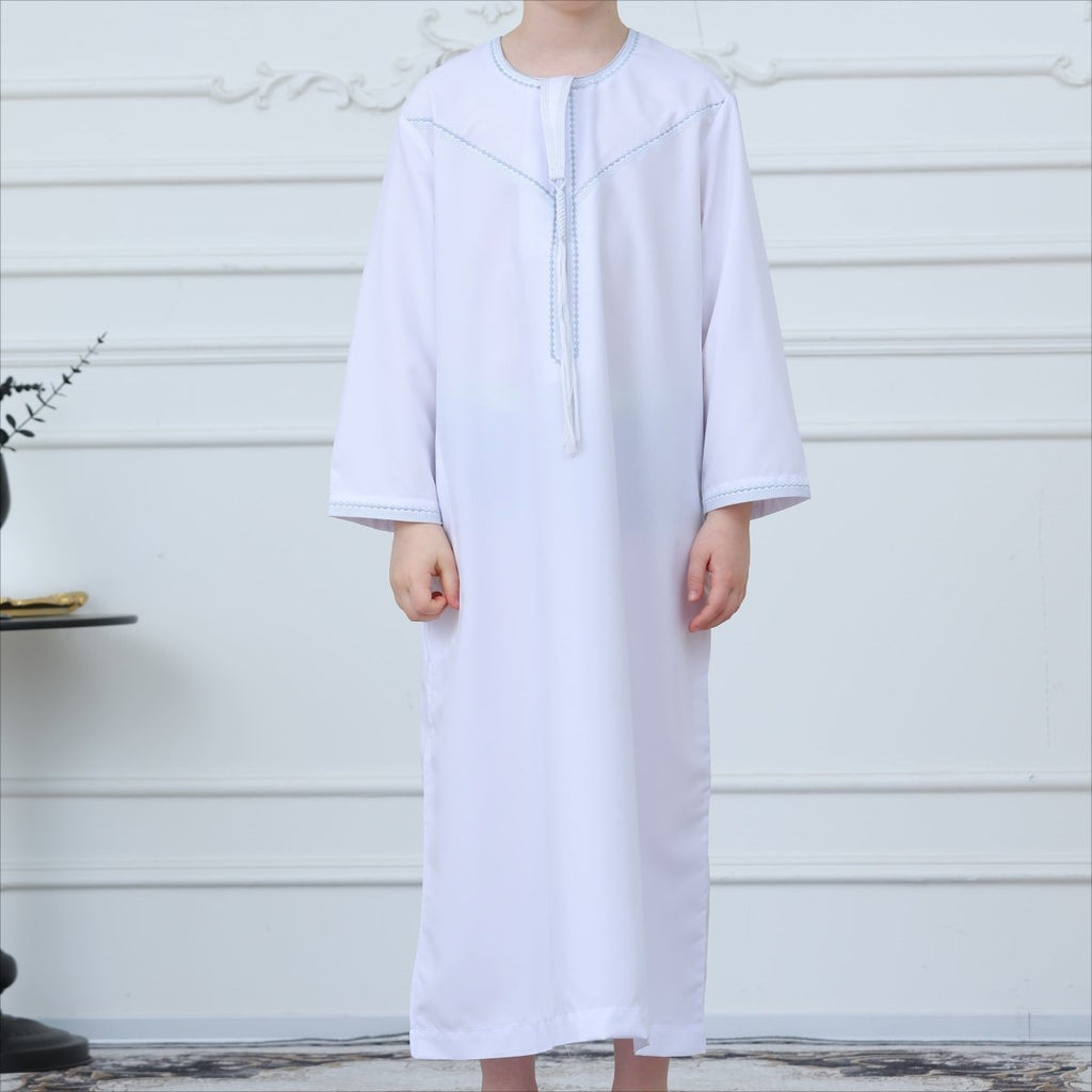 White Kaftan Thobe with Contrast Stitching(MKB025)