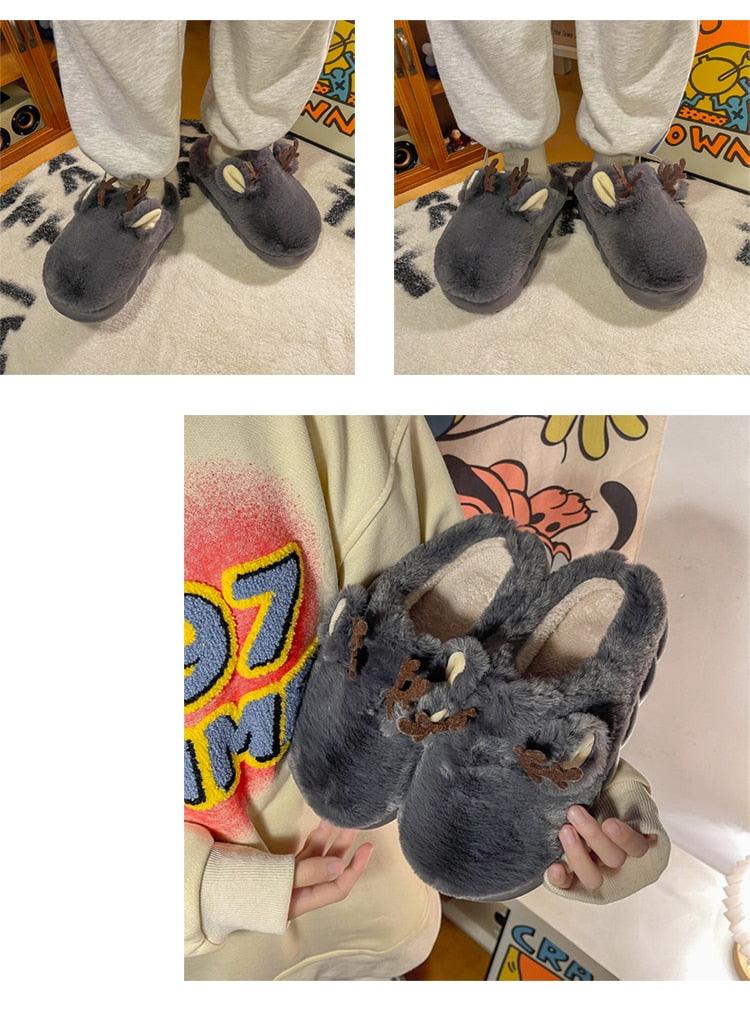 White Slippers For Women Fuzzy Cute Antlers Warm Animal Memory Foam Plush Women Men Indoor Outdoor Bedroom Slippers Fur Home Slippers For Women Memory Foam Anti-Slip Cozy Fluffy Outdoor Indoor Warm Slippers