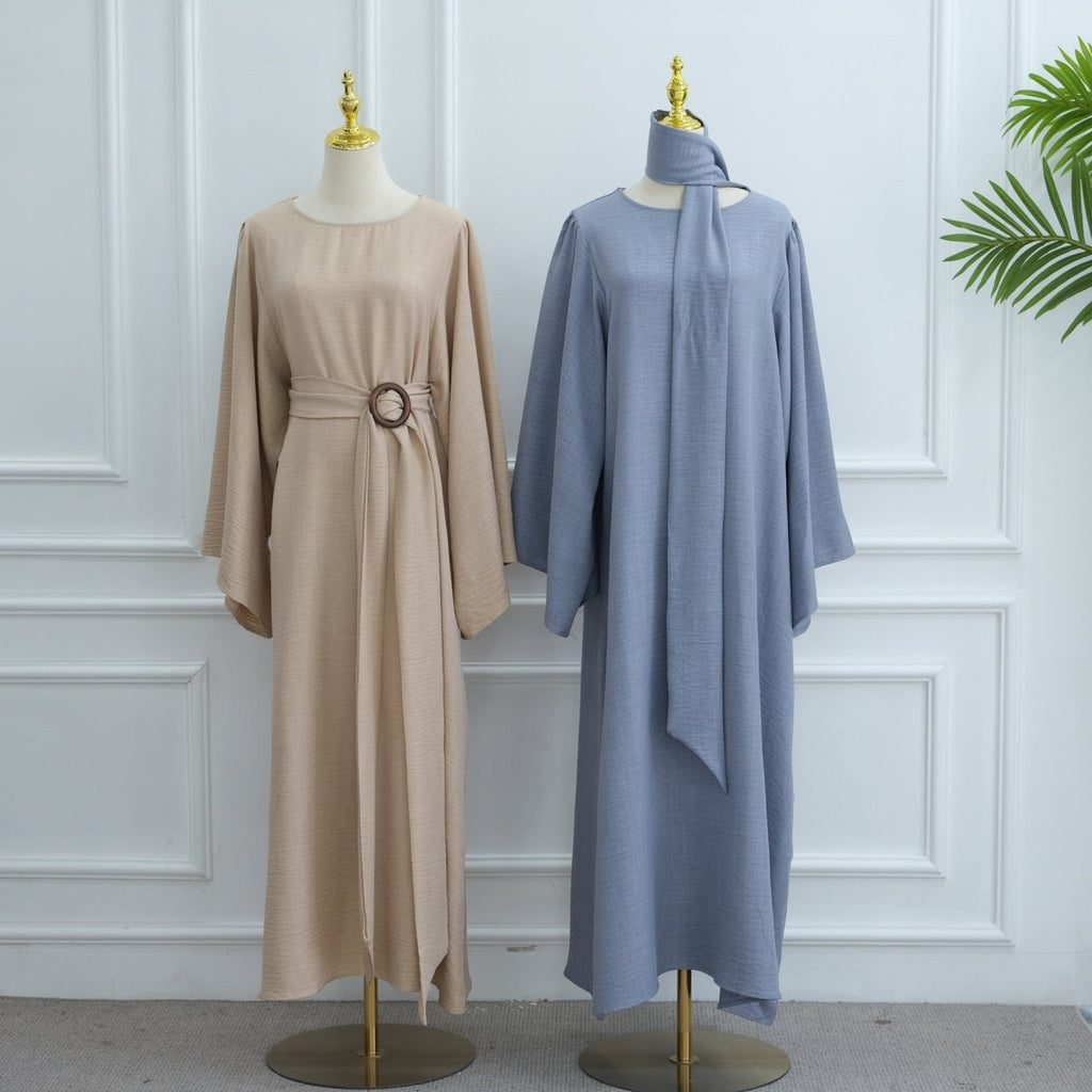 Wide Sleeve Textured Twill Blend Abaya with Belt(MA333)