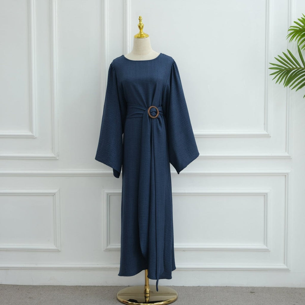 Wide Sleeve Textured Twill Blend Abaya with Belt(MA333)