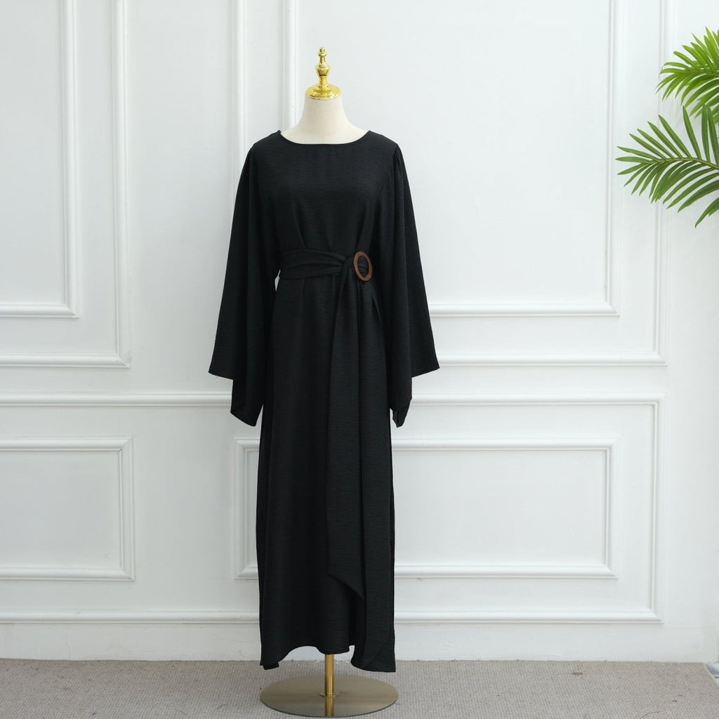 Wide Sleeve Textured Twill Blend Abaya with Belt(MA333)