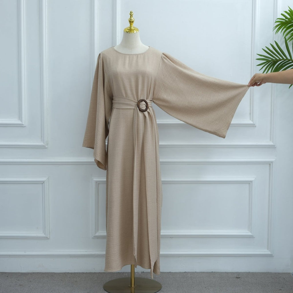 Wide Sleeve Textured Twill Blend Abaya with Belt(MA333)