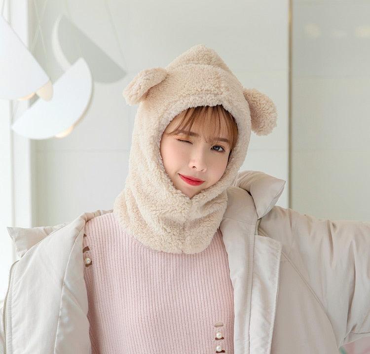 Winter Cute Bear Ears Warm Hat Windproof Neck Scarf Cap Student Women Plus Cashmere Cap Unisex Keep Warm Sports Beanies Knitted Headgear Face Hooded Cowl Neckerchief with Drawstring Soft Balaclava Pullover Knitted Beanie