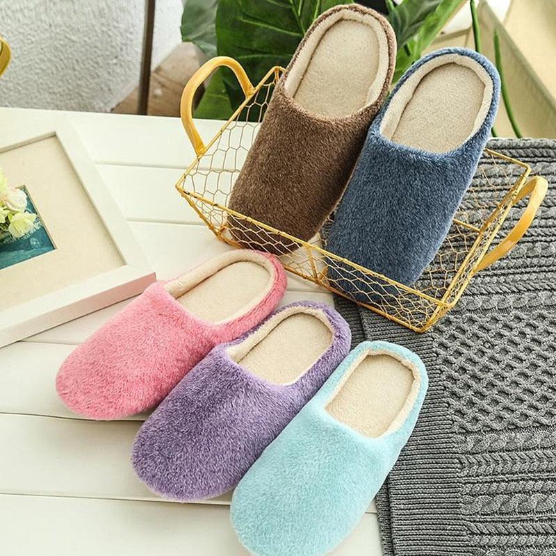 Winter Home Men And Women Solid Color Slippers Fashion Couple Plush Slippers Warm Indoors Bedroom Floor Shoes Warm Cotton Memory Foam Slippers Soft Yarn House Slippers