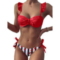 Women 2Pcs Summer Beach Bathing Suit Bowknot Ruffle Sleeve Crop Tops  Striped Print Swimsuit  Bikini Sets 2 Piece Ruffled V Neck Bathing Suits Summer Swimwear