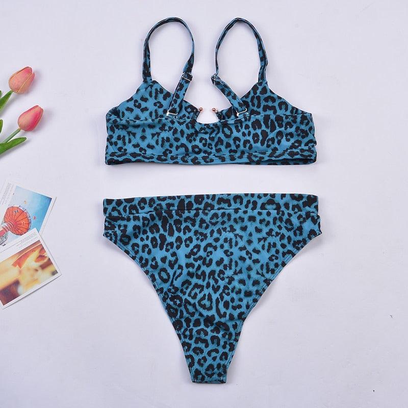 Women Luxury Leopard High Waist Bikini  Swimsuit Women's Push Up Bra Tie Side Cutout Bikini Set High Cut Padded Solid Bating Suit Swimwear Female Bikini Set Bathing Suit
