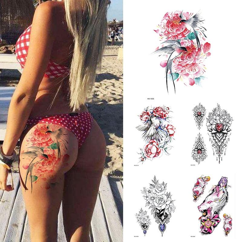 Women Luxury Temporary Stickers Realistic Body Tattoo Flowers Bird Elegant Big Design