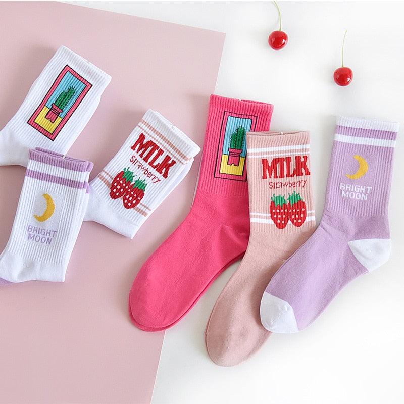 Women's Socks Combed Out Of Pure Cotton Colorful Cartoon Cute Funny Happy Kawaii Moon Strawberry Cactus Ankle Socks For Men And Women