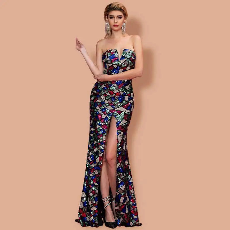 Women Sexy V Neck Off Shoulder Sequin Mosaic Gown
