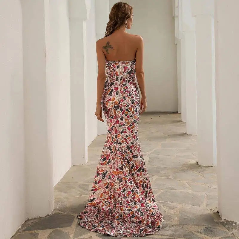 Women Sexy V Neck Off Shoulder Sequin Mosaic Gown