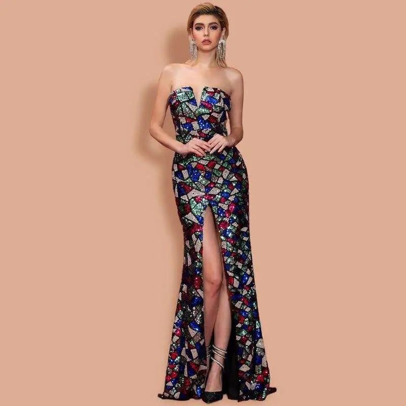 Women Sexy V Neck Off Shoulder Sequin Mosaic Gown