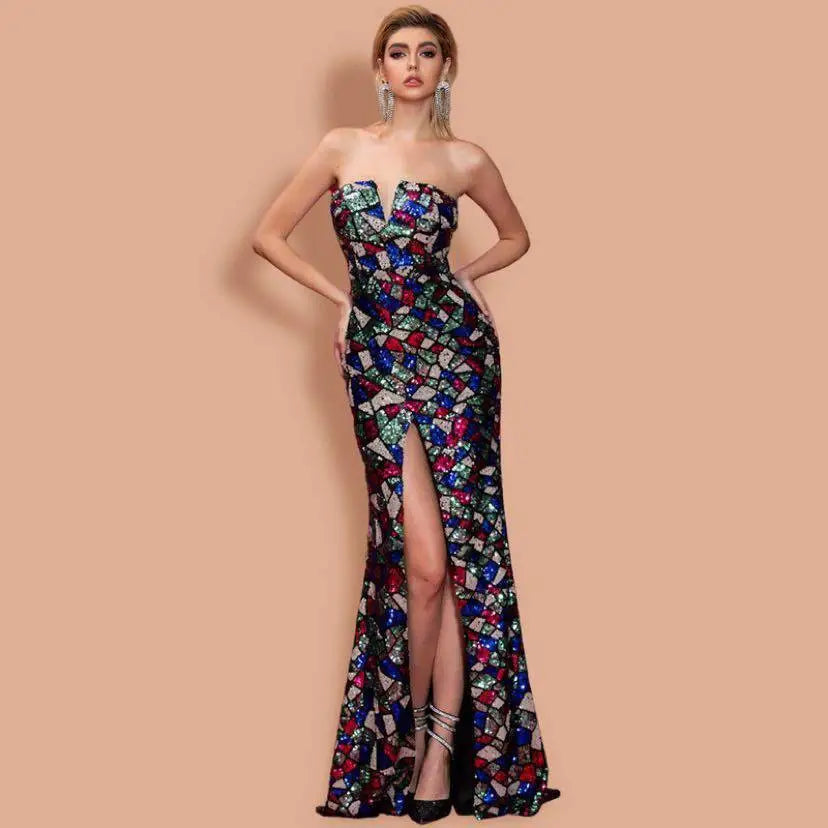 Women Sexy V Neck Off Shoulder Sequin Mosaic Gown