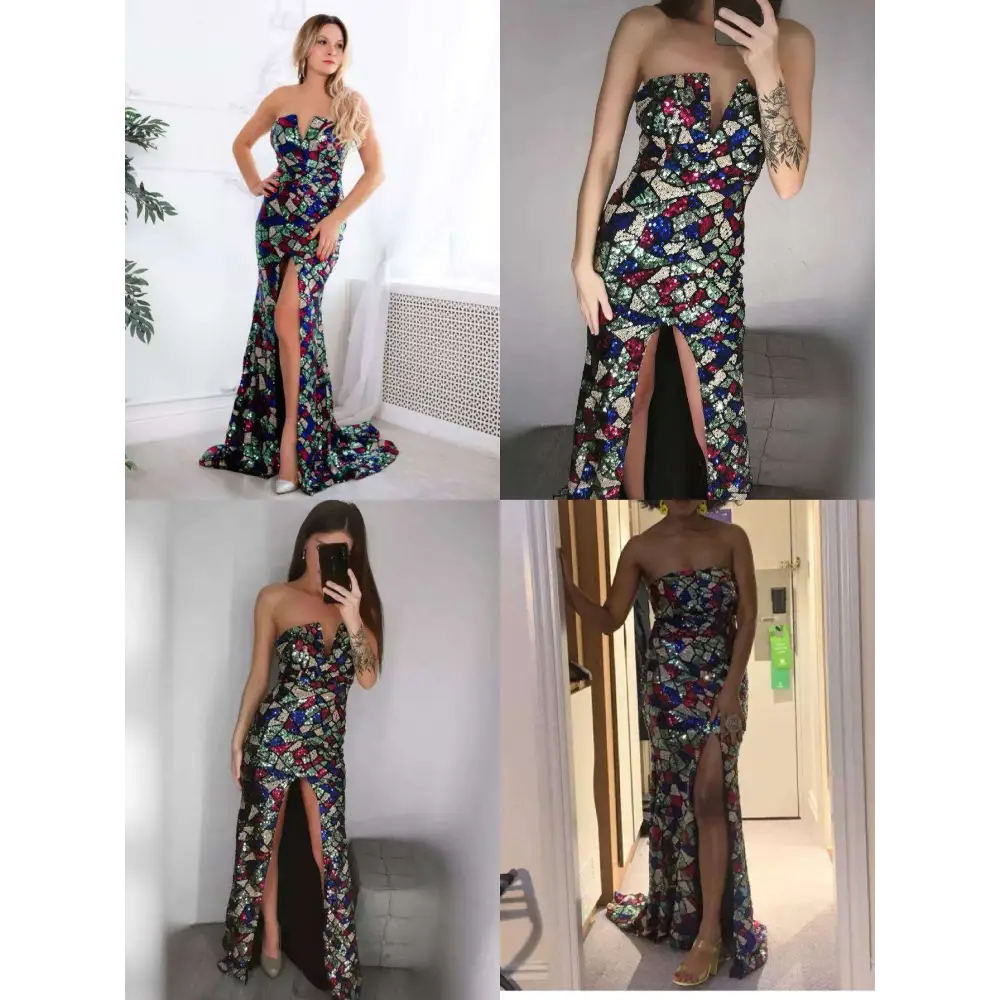 Women Sexy V Neck Off Shoulder Sequin Mosaic Gown