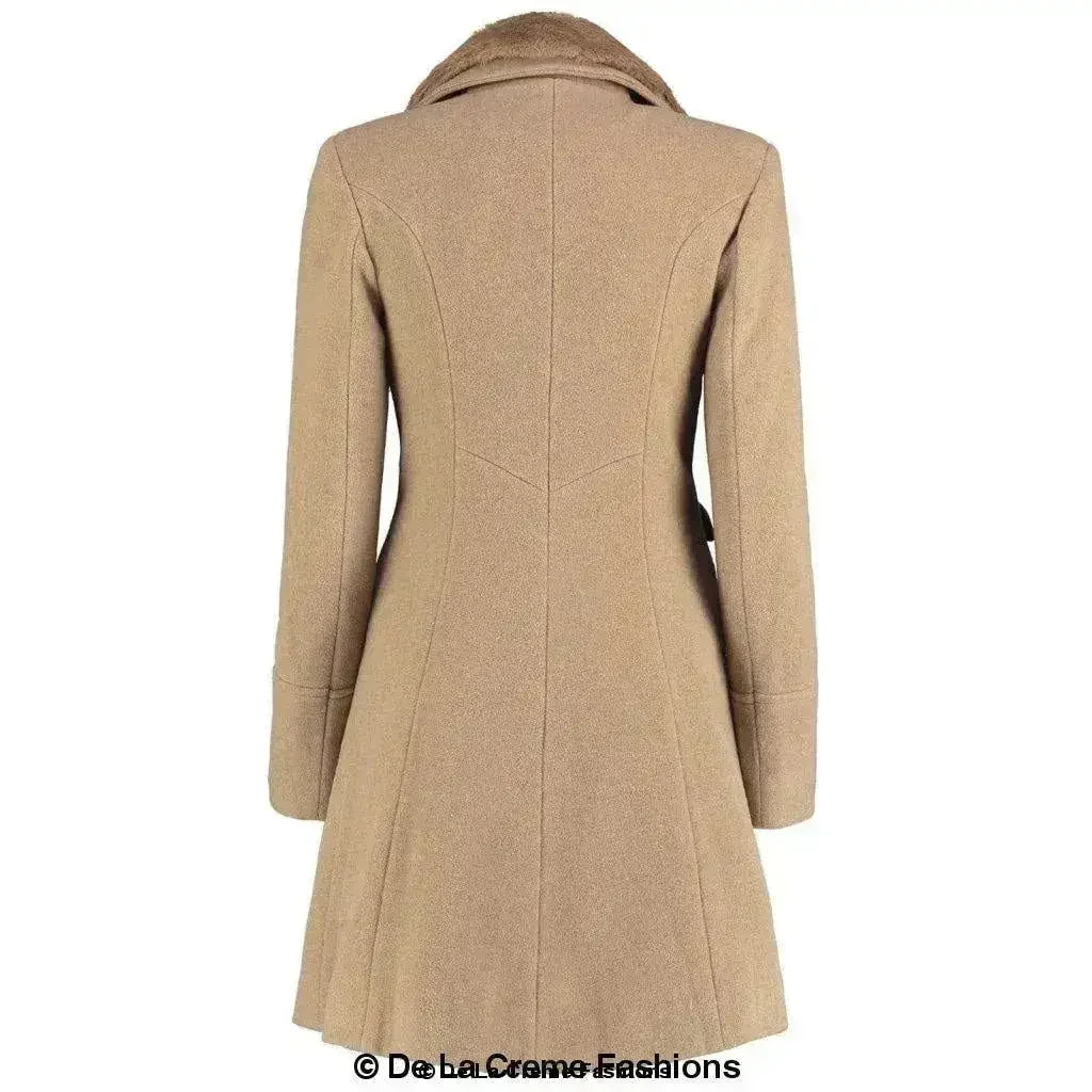 Wool Blend Faux Fur Collar Midi Coat