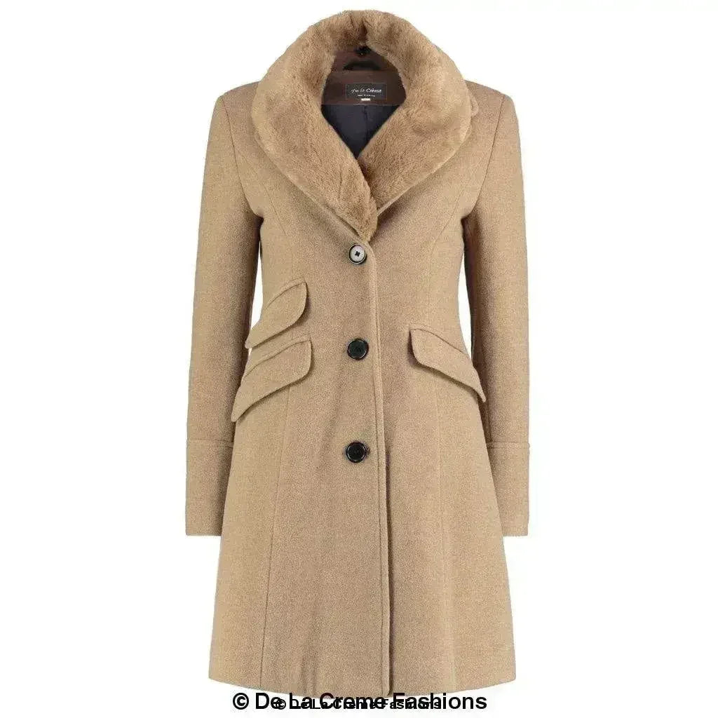 Wool Blend Faux Fur Collar Midi Coat