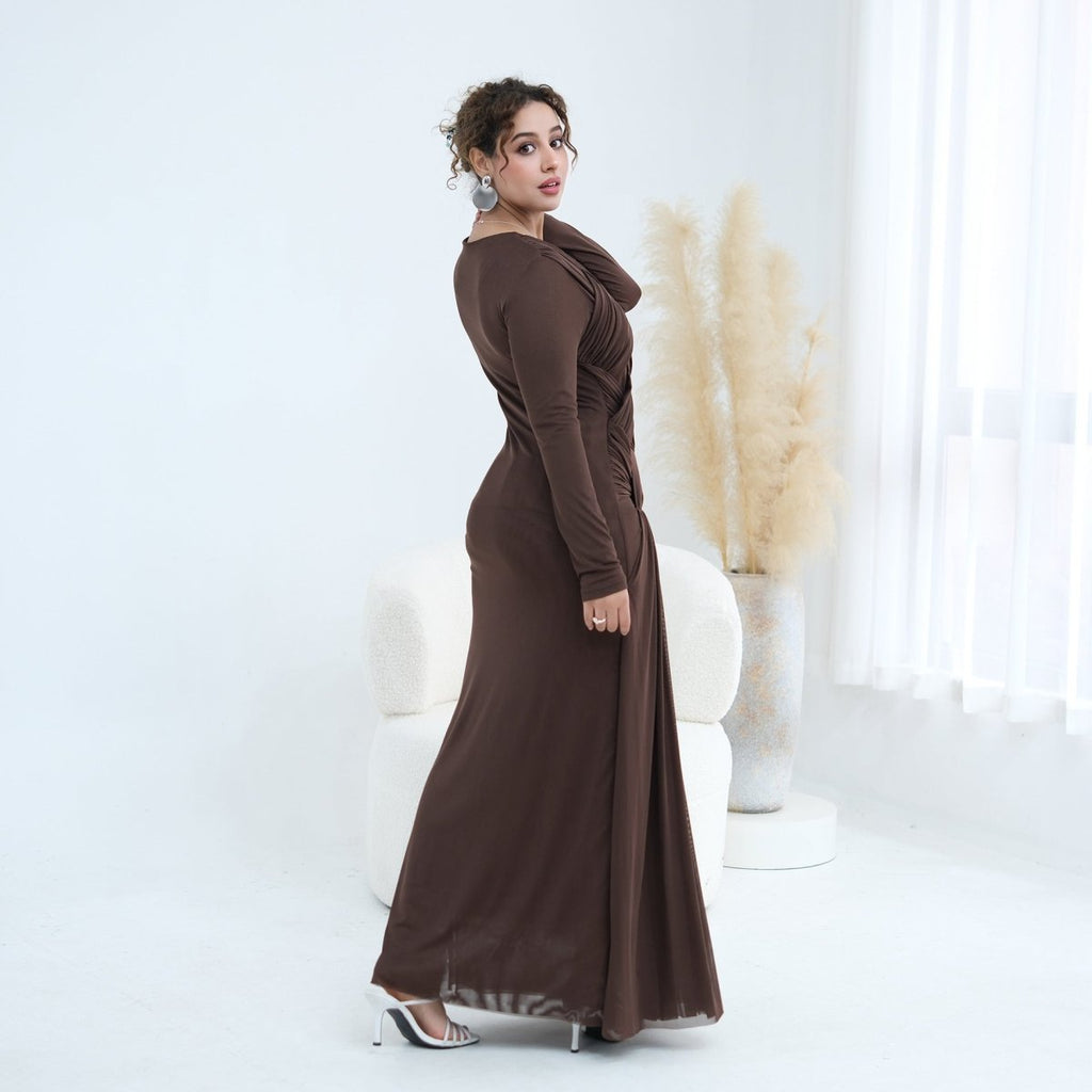 Woven Cross-Strap Bodice Mesh Maxi Dress(MS454)