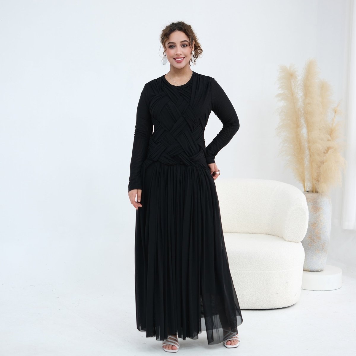 Woven Cross-Strap Bodice Mesh Maxi Dress(MS454)