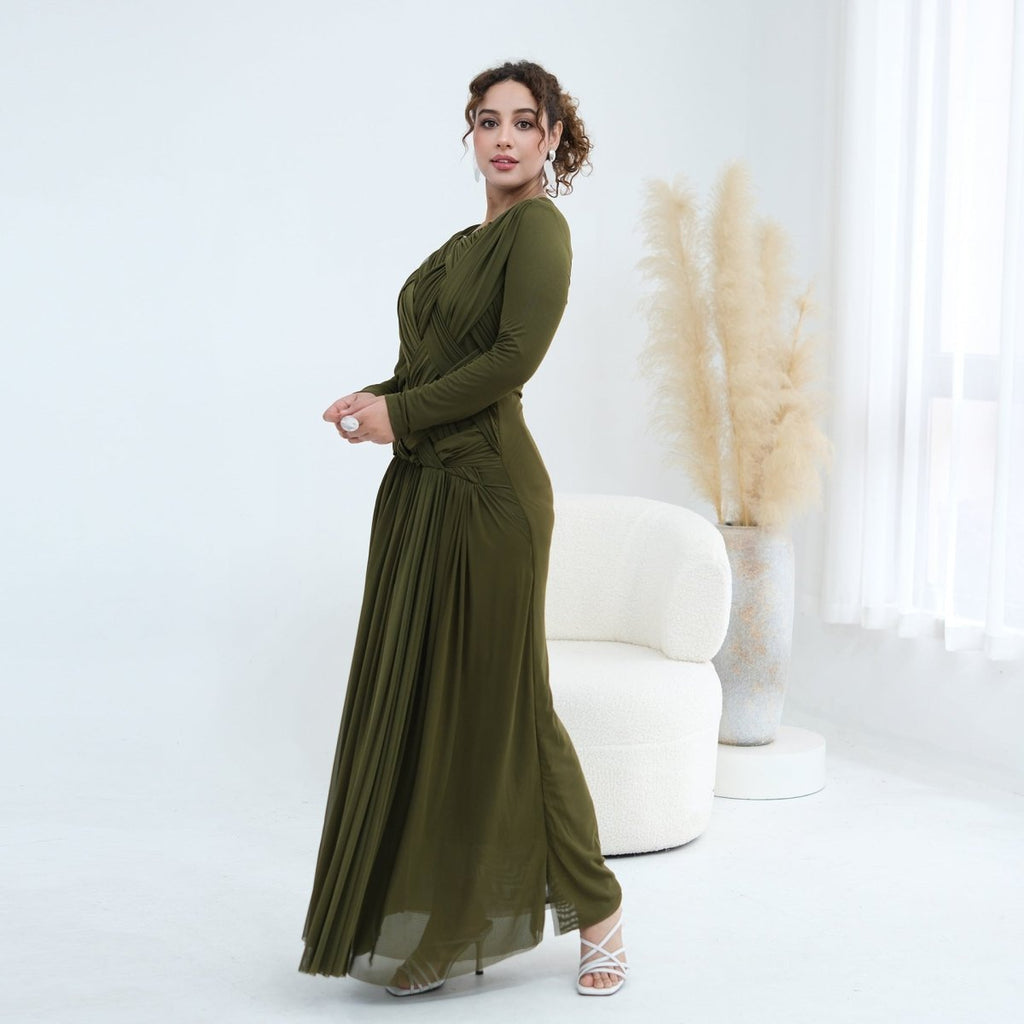 Woven Cross-Strap Bodice Mesh Maxi Dress(MS454)